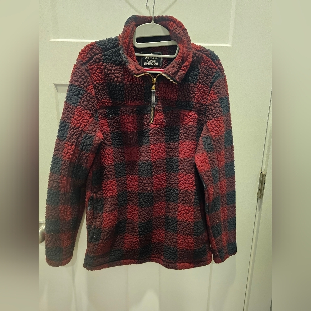 Alpine Sherpa Red Black Buffalo Plaid ¼ Zip Fleece Pullover Women’s Small